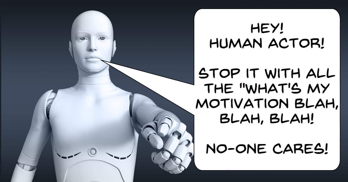 Humorous image of robot directing humans in a video.