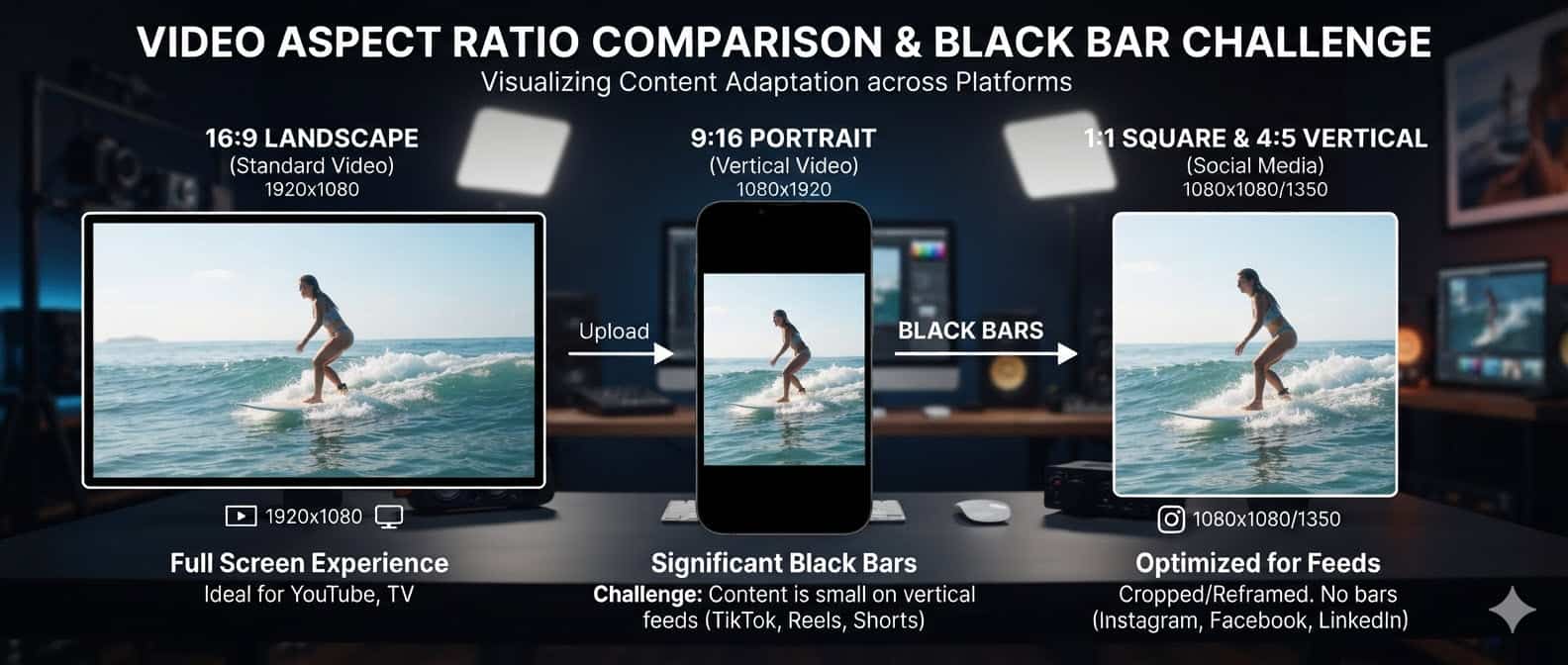 Comparison of 16:9, 9:16, and 1:1 video aspect ratios for YouTube, TikTok, and Instagram