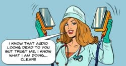 Humorous cartoon image of an emergency nurse saving bad audio.