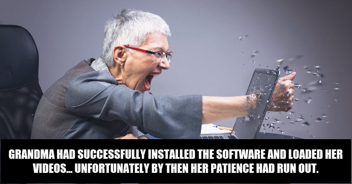 Humorous image of granny having trouble with video editing. 