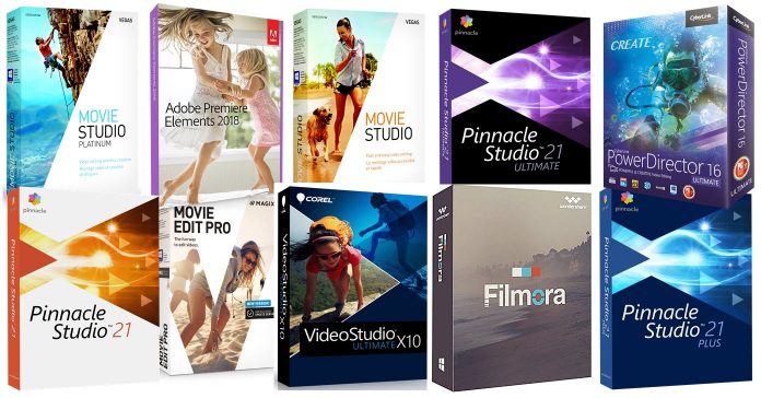 Collage of the best video editing software box images.