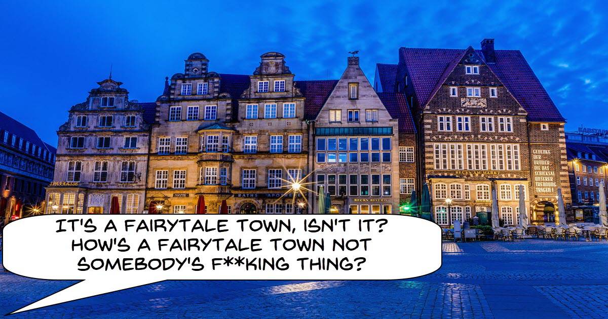 Blue hour town scene with "In Bruges" quote.