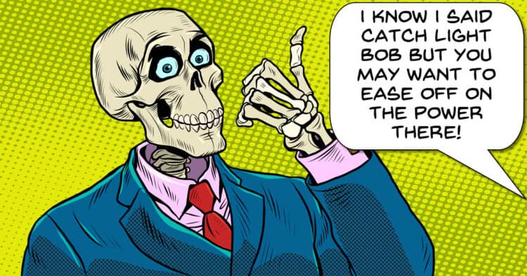 Cartoon man turned into skeleton by super strong lights.