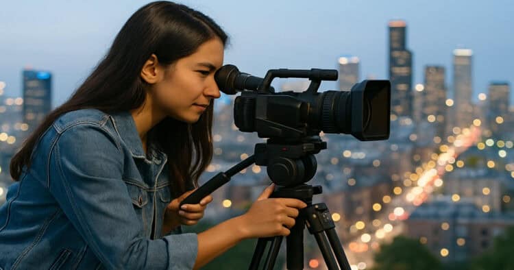 Young woman shooting with a video tripod.