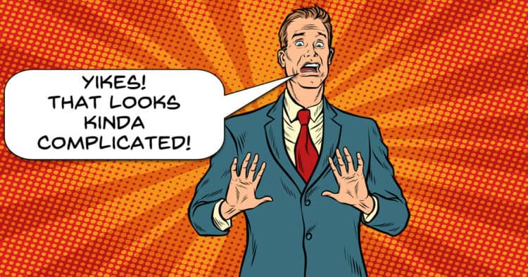 Businessman shocked at the complexity of software.