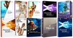 Collage of the best video editing software box images.