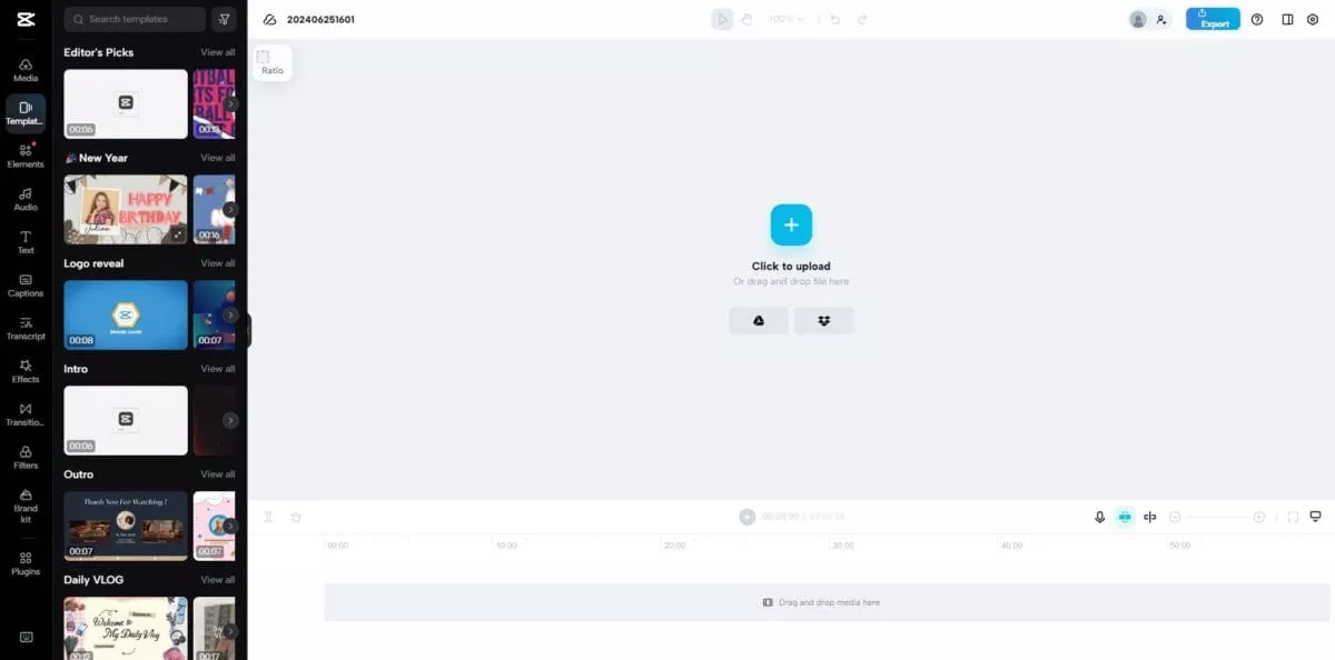 Capcut user interface for online editor.