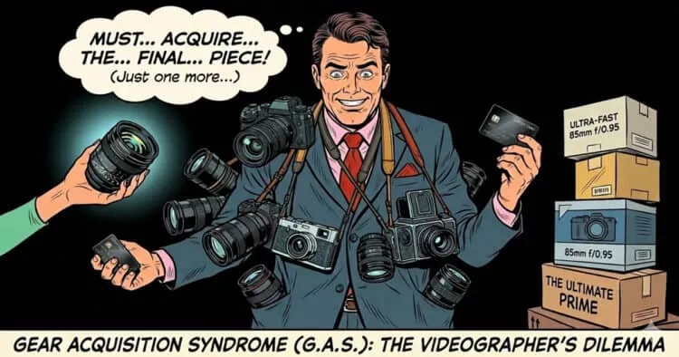 Pop art cartoon image of man buy too much camera gear.