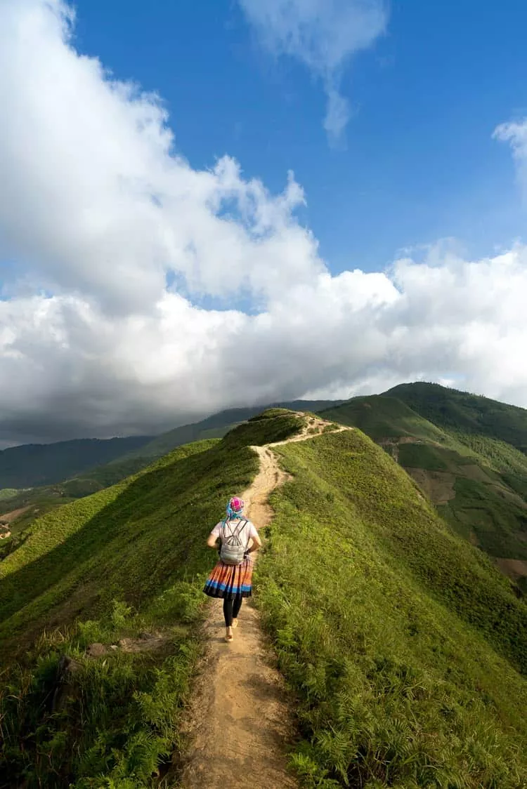High angle shot of a trekker on a mountain path.