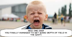 Humorous image of a boy yelling at father about depth of field in video.