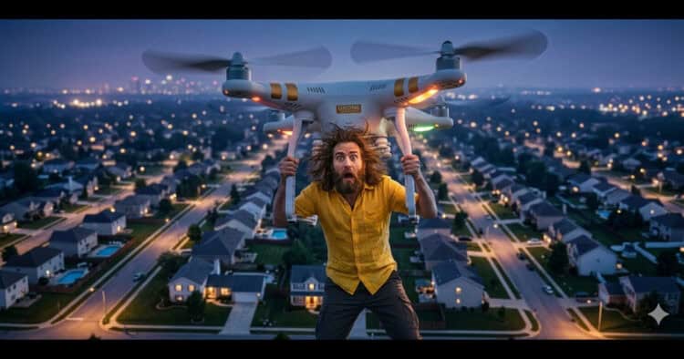 Guy carried away by his own drone.