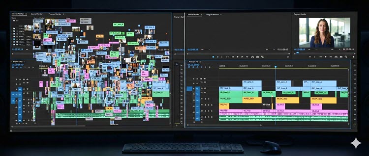 Cluttered and confusing timeline compared to a clean one in editing software.