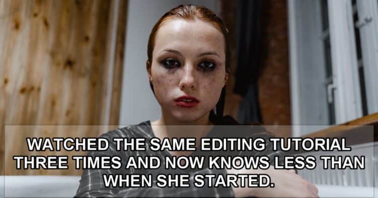 Stressed woman unable to understand editing tutorial.
