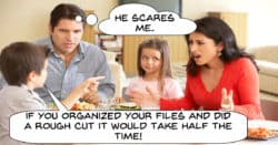 Humorous image little boy angry at mother.