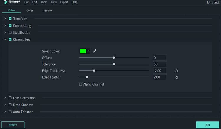 Image of the Filmora9 green screen module settings.