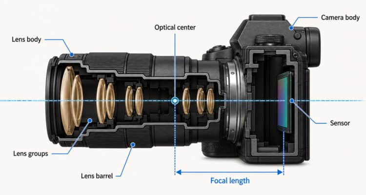 Camera and lens cutaway showing focal length calculation.