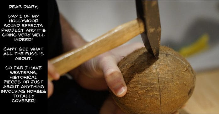 Hammer hitting a coconut being prepared to use as an audio effect.