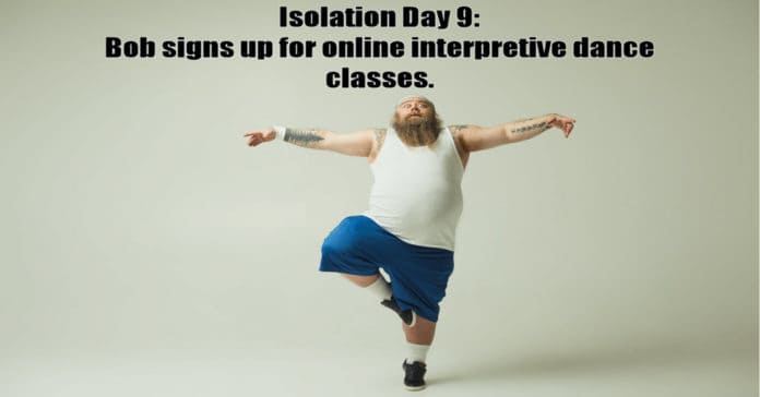 Humorous image of overweight man attempting to learn interpretive dance.