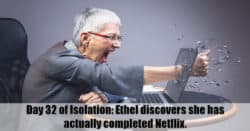 Angry older woman with nothing to watch on TV due to isolation.