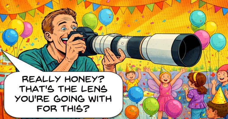 Pop art style cartoon image of a man making a bad choice of lens for a kids party.
