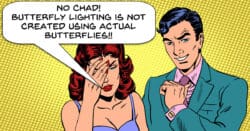 Cartoon woman exasperated at man's lack of lighting knowledge.
