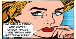 Humorous image of woman crying after failing to check app settings.
