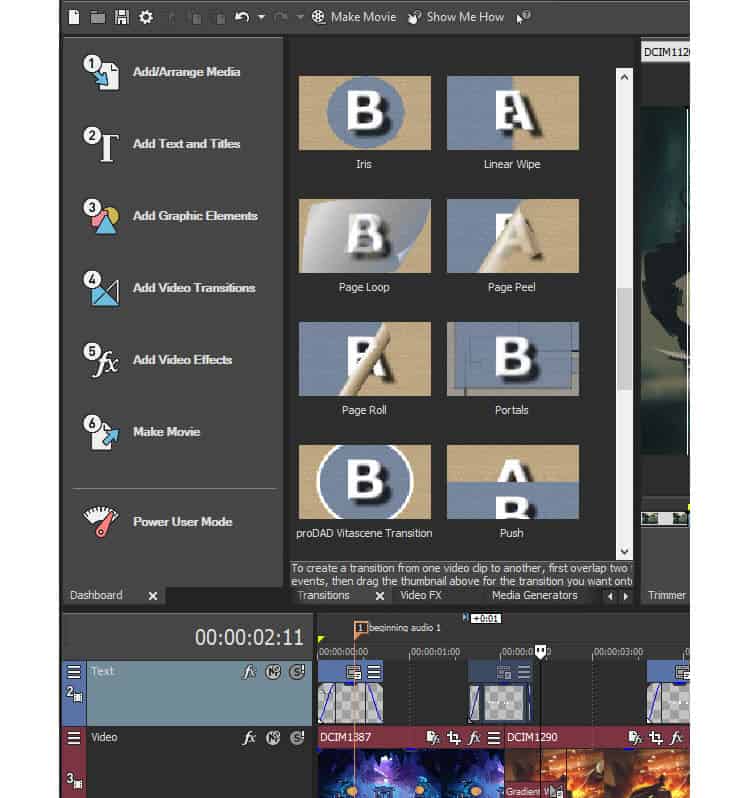 Closeup of Vegas Movie Studio mode based editing menu.