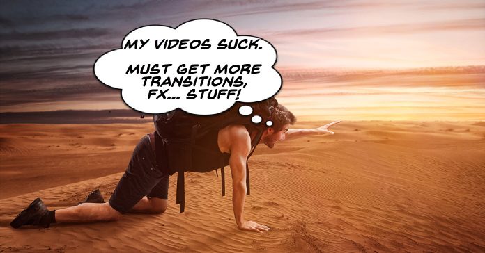 Humorous image of man in desert searching for more video transitions and effects.