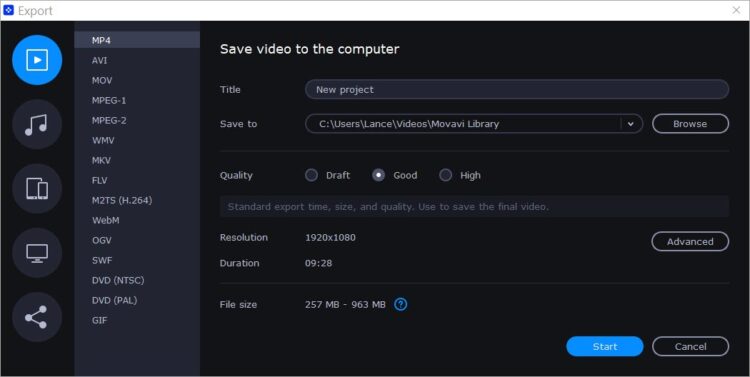 Movavi Video Editor export options dialogue box.