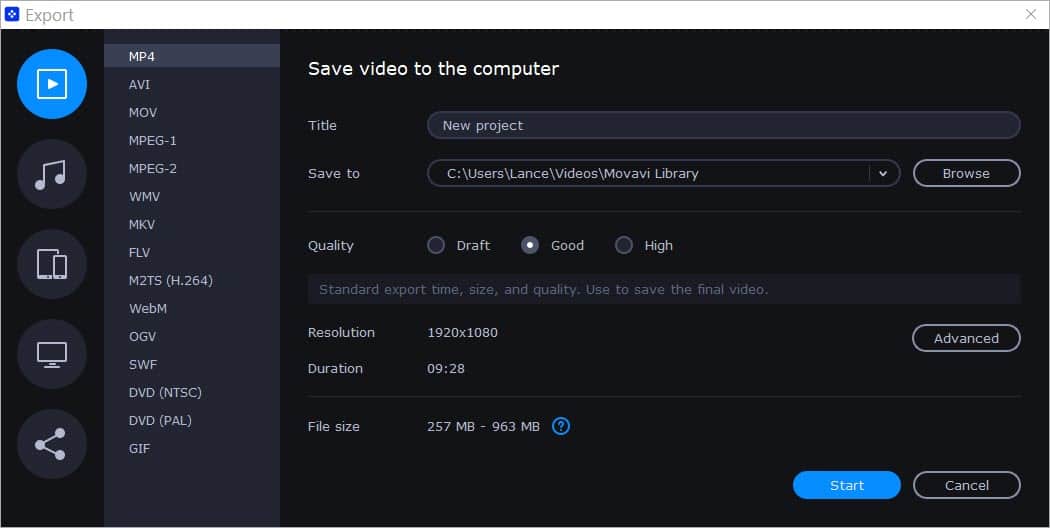 Movavi Video Editor export options dialogue box.