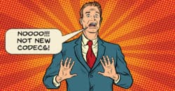 Humorous image of a man resisting new video codecs being released.