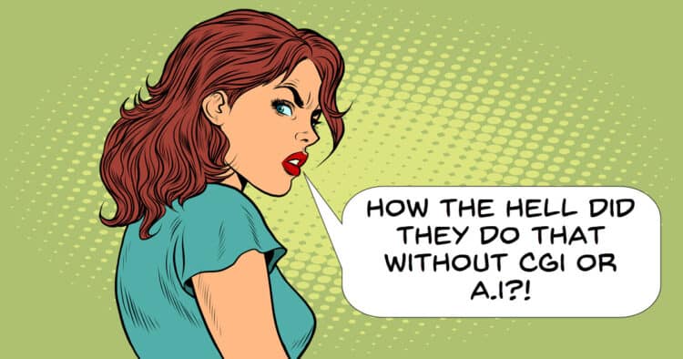 Humorous cartoon image of woman shocked by no CGI effects.