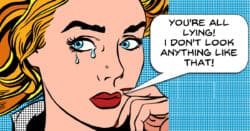 Cartoon woman dissatisfied at her appearance on camera.