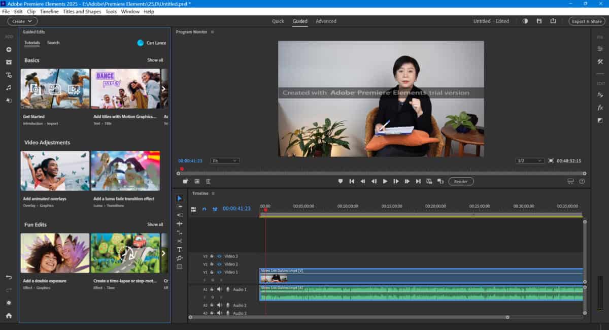 Adobe Premiere Elements user interface guided mode.
