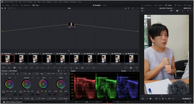 DaVinci Resolve color page one node showing.