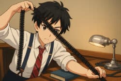 Anime character editing a scene.