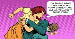 Humorous image of woman forcing man to create short form content using A.I.