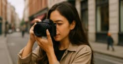 Young woman shooting video with a camera.