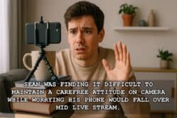 Worried young man vlogging with a shaky smartphone setup.