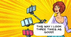 Influencer cartoon using three phones to record video.