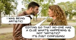 Humorous image of couple arguing over continuity.