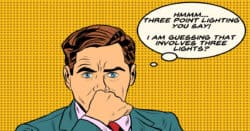 Cartoon image of confused man on three point lighting.