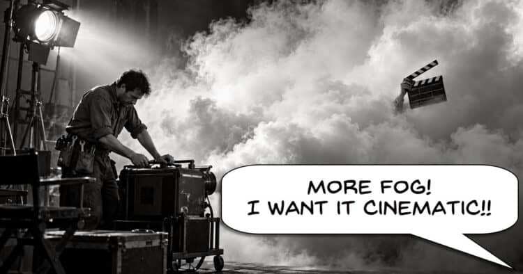 Humorous image of a man over-fogging a set to make it cinematic.