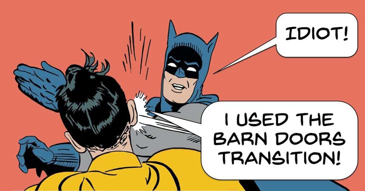 Humorous image of Batman rejecting a cheesy transition.