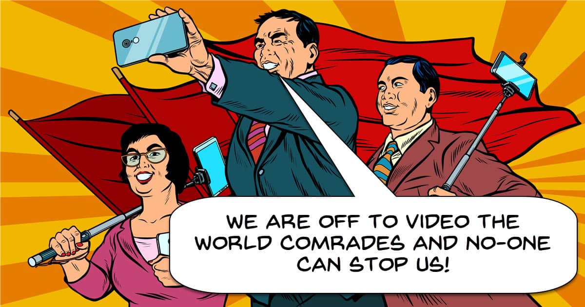 Cartoon image of tourist group off to make travel videos.