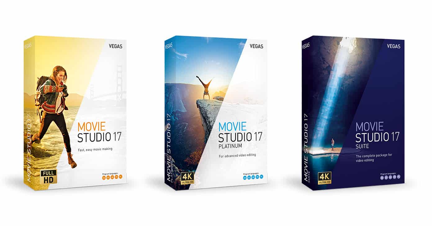 Box shots of the Vegas Movie Studio 17 product range.