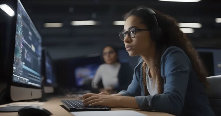 Young woman at computer desk editing videos.