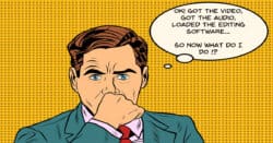 Pop art image of man confused about video editing.