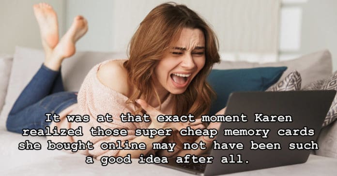 Humorous image of woman realizing she has lost data from a bad memory card.