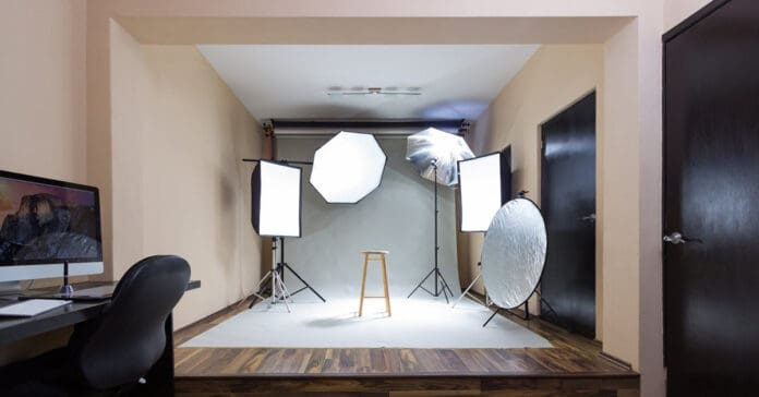 Various reflectors in a video studio setting.